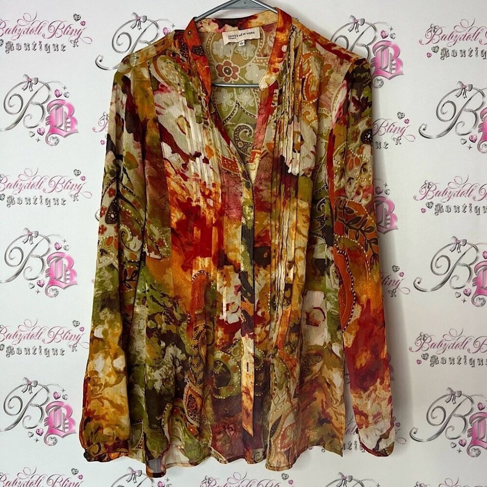 Jones New York Brown and Orange button down Front Blouse floral
